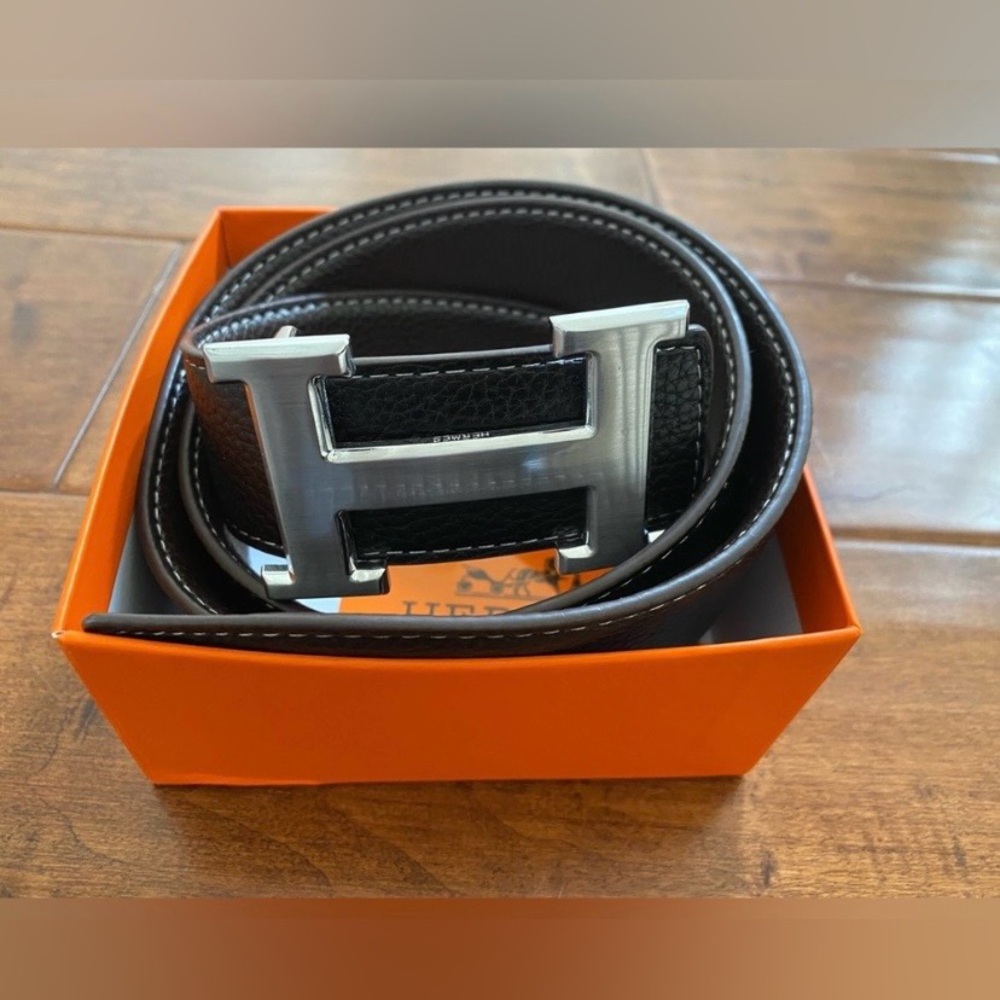 Hermes Black/Brown Togo Leather Reversible Belt (120) 38MM Palladium Buckle